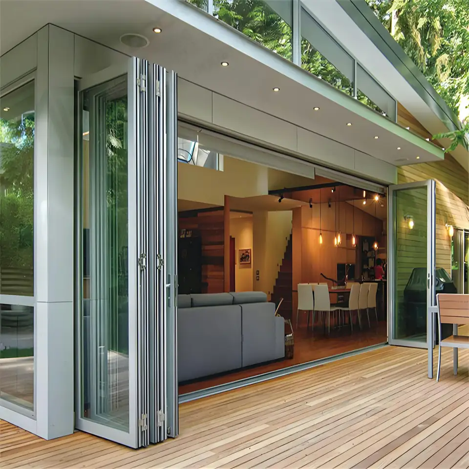 Bifold doors opening to a warm timber interior, design inspiration for bespoke garden rooms in Newcastle Timber-lined garden room interior with bi-fold doors, an example of bespoke finishes for Newcastle homes