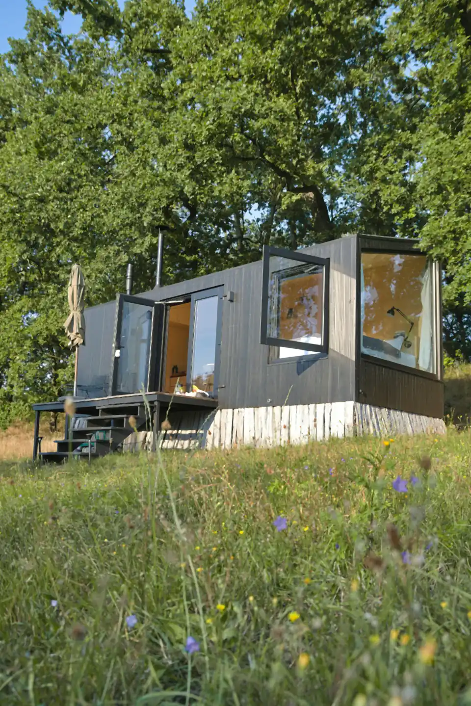 Dark-clad garden studio with large glazing among wildflowers, a design idea for Gosforth gardens