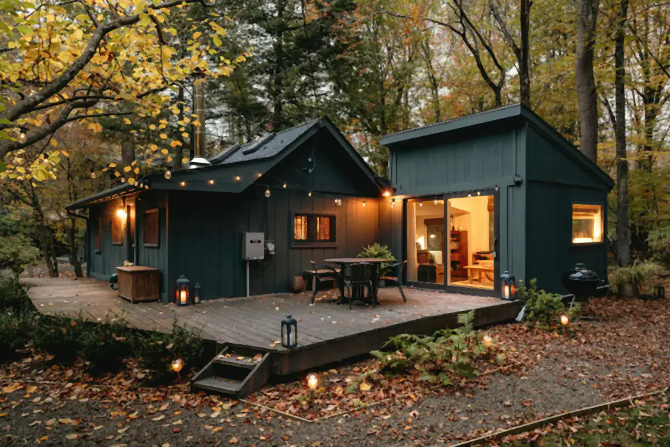 Garden buildings lit at dusk on a timber deck, garden room inspiration for Newcastle