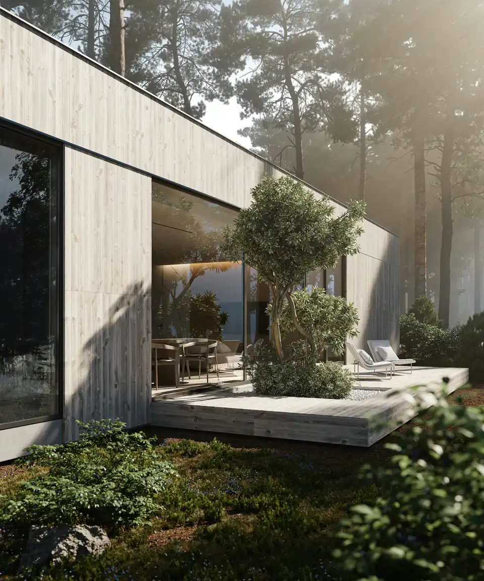 Contemporary glass garden pavilion with an olive tree, a design idea for garden rooms in Newcastle