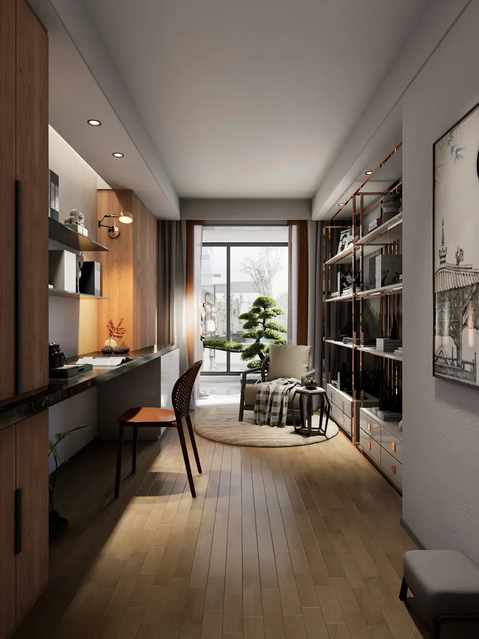 Garden office interior with desk, shelving and a view of the garden, inspiration for Newcastle homes