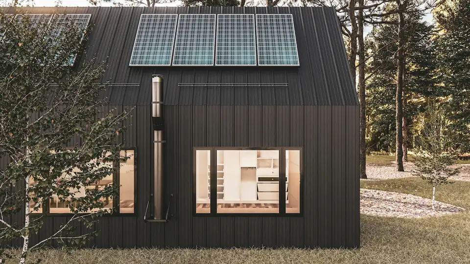 Black-clad garden building with roof solar panels, a design idea for Ponteland and Darras Hall